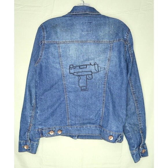 Cavalini Denim Collection Denim Jacket Trucker Distressed Custom Gun Art Small - Picture 6 of 12